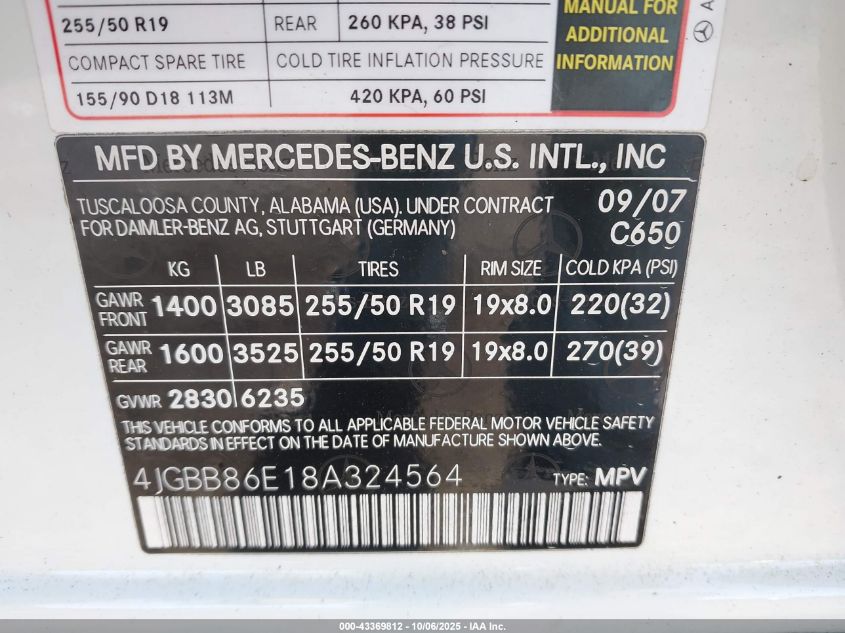 2008 Mercedes-Benz Ml 350 4Matic VIN: 4JGBB86E18A324564 Lot: 43369812