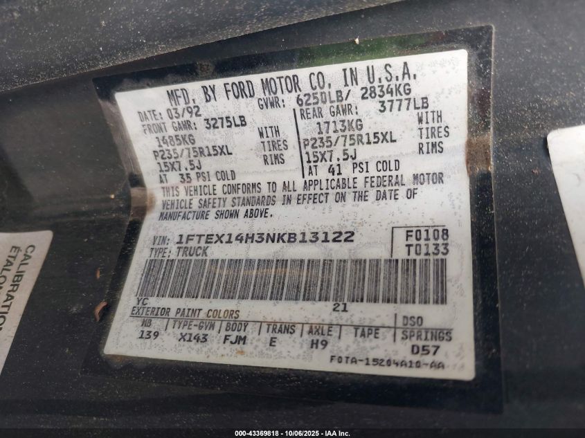 1992 Ford F150 VIN: 1FTEX14H3NKB13122 Lot: 43369818