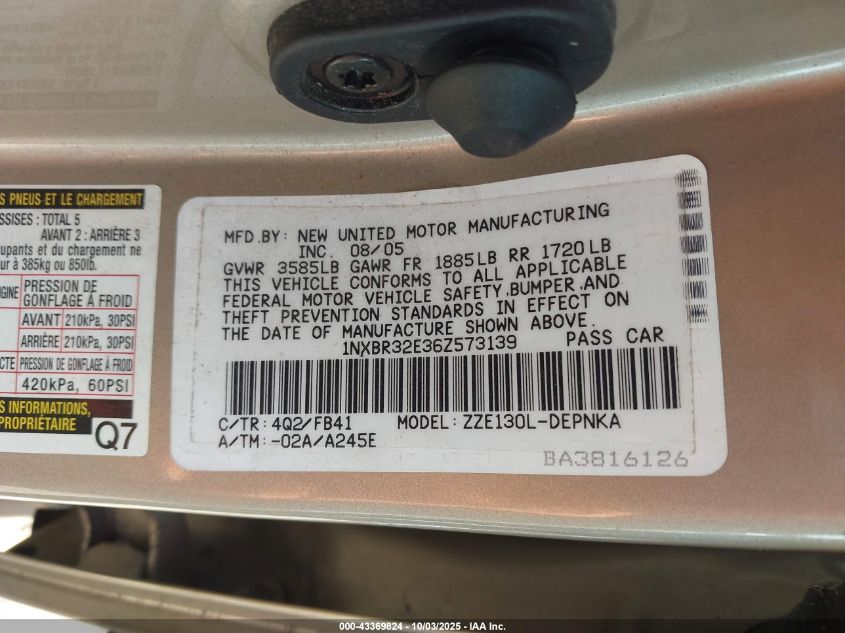 2006 Toyota Corolla Le VIN: 1NXBR32E36Z573139 Lot: 43369824