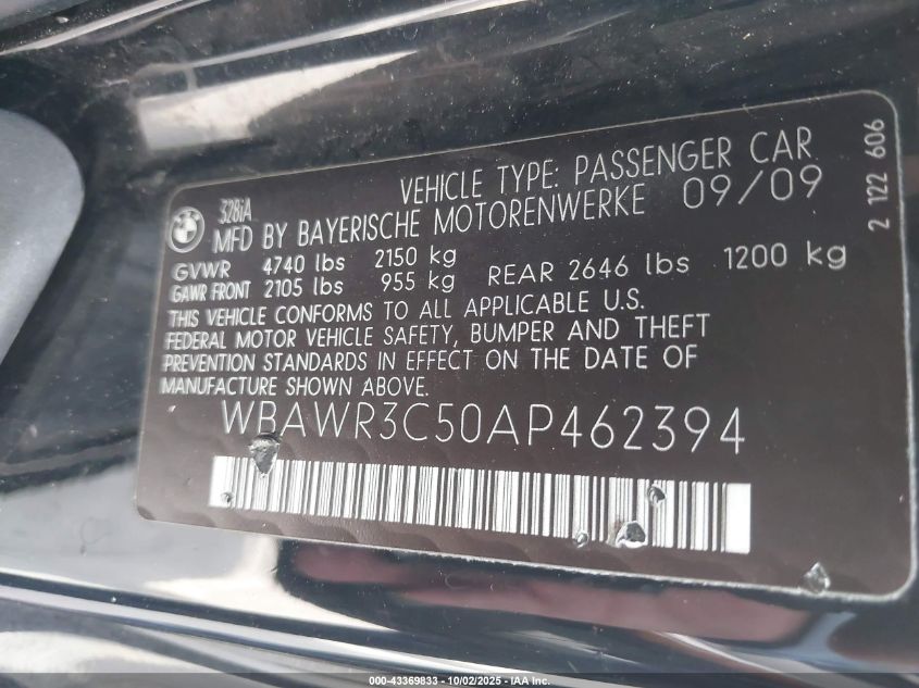 2010 BMW 328I VIN: WBAWR3C50AP462394 Lot: 43369833