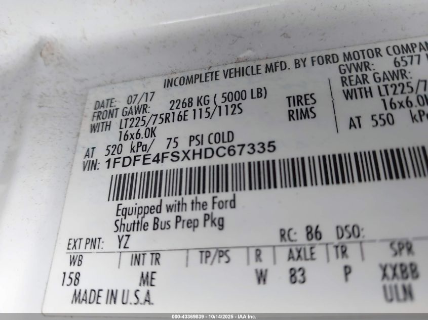 2017 Ford E-450 Cutaway VIN: 1FDFE4FSXHDC67335 Lot: 43369839