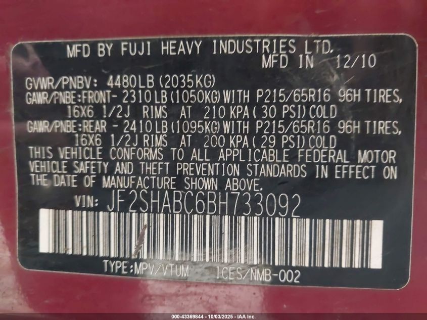 2011 Subaru Forester 2.5X VIN: JF2SHABC6BH733092 Lot: 43369844