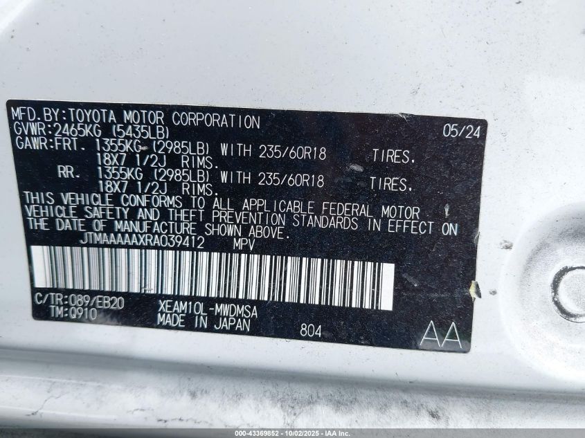 2024 Toyota Bz4X Xle VIN: JTMAAAAAXRA039412 Lot: 43369852