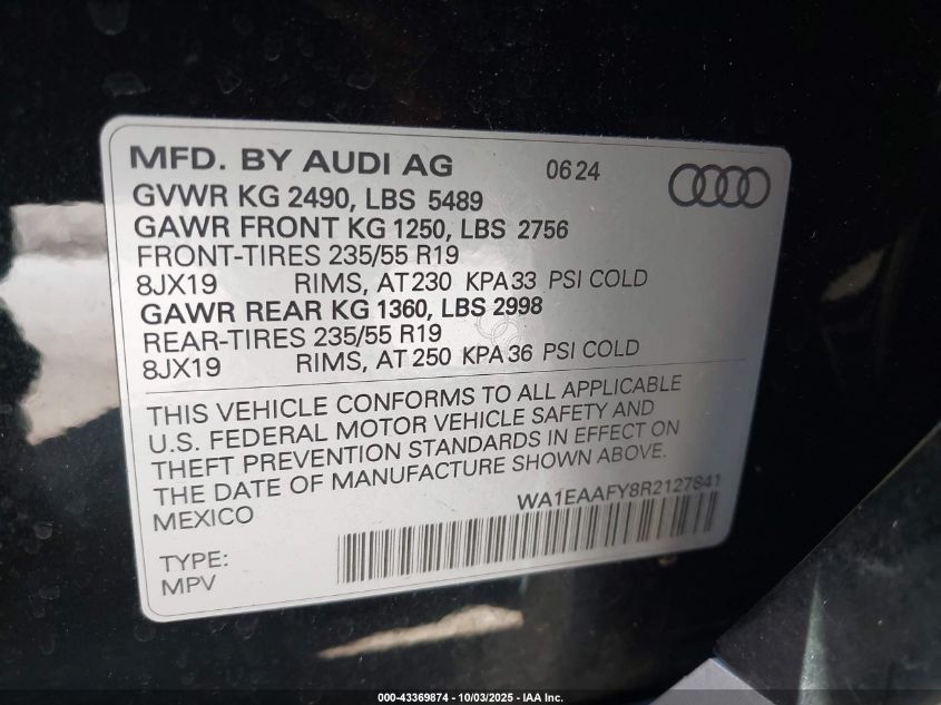 2024 Audi Q5 Premium Plus 45 Tfsi S Line Quattro VIN: WA1EAAFY8R2127841 Lot: 43369874