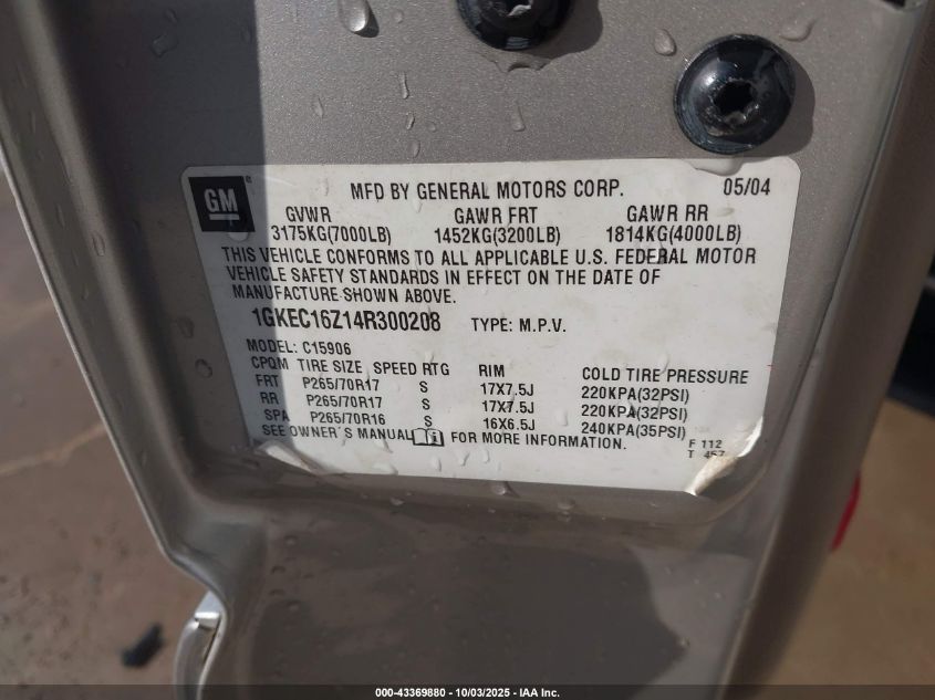 2004 GMC Yukon Xl 1500 Slt VIN: 1GKEC16Z14R300208 Lot: 43369880