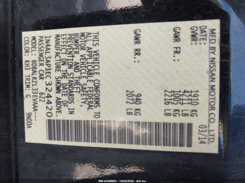 2014 Nissan Altima 2.5 S VIN: 1N4AL3AP1EC324420 Lot: 43369883