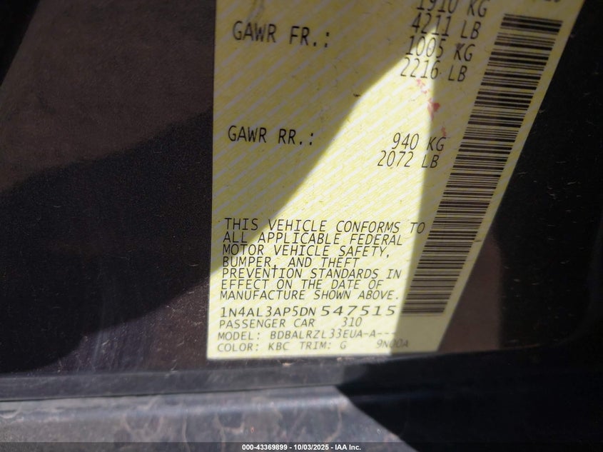 2013 Nissan Altima 2.5 S VIN: 1N4AL3AP5DN547515 Lot: 43369899