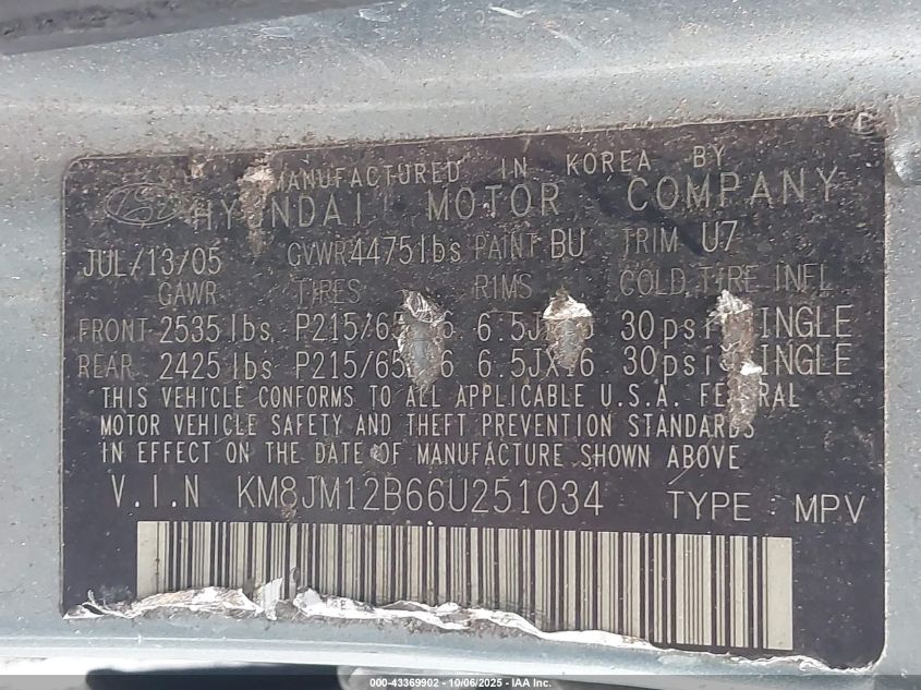2006 Hyundai Tucson Gl VIN: KM8JM12B66U251034 Lot: 43369902