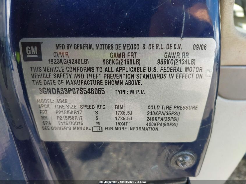 2007 Chevrolet Hhr Lt VIN: 3GNDA33P07S548065 Lot: 43369905