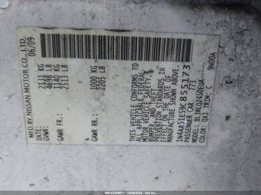 2009 Nissan Maxima 3.5 S VIN: 1N4AA51E59C855173 Lot: 43369911