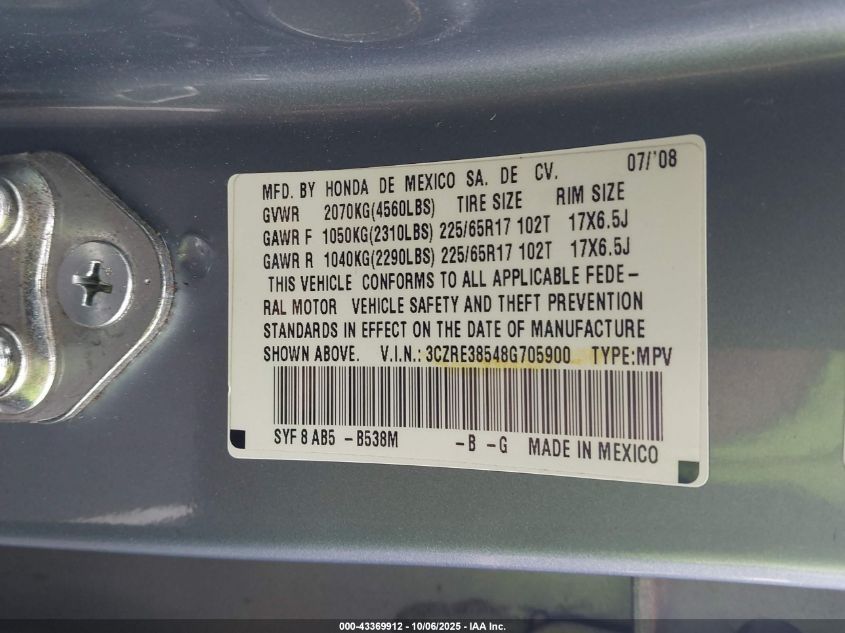 2008 Honda Cr-V Ex VIN: 3CZRE38548G705900 Lot: 43369912