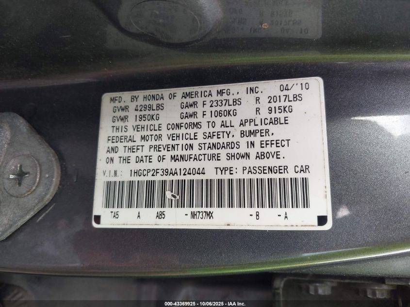 2010 Honda Accord 2.4 Lx VIN: 1HGCP2F39AA124044 Lot: 43369925