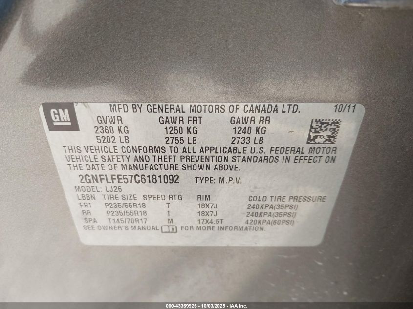 2012 Chevrolet Equinox Ltz VIN: 2GNFLFE57C6181092 Lot: 43369926