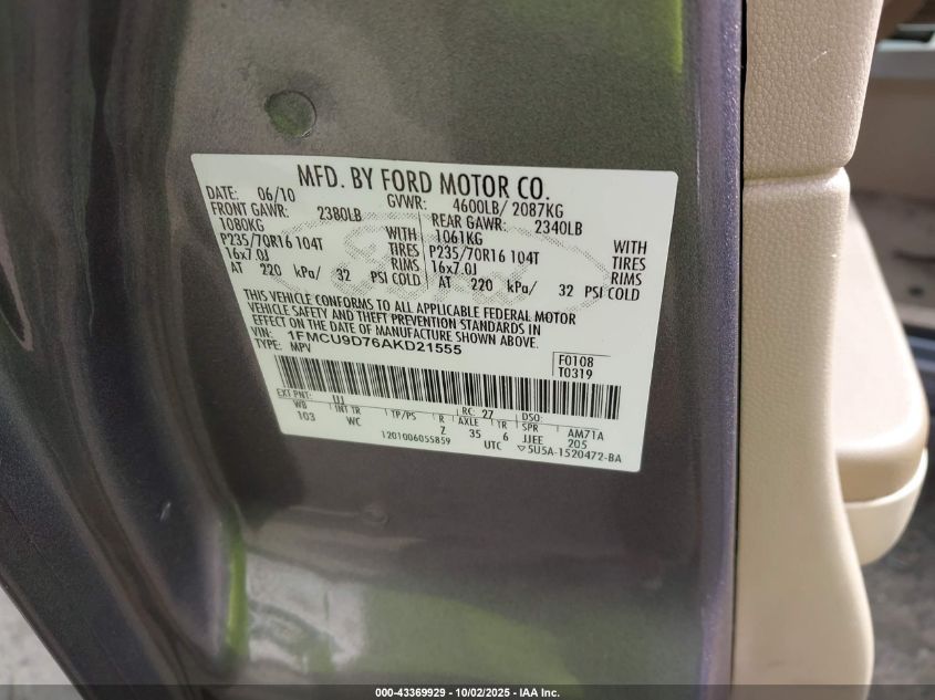 2010 Ford Escape Xlt VIN: 1FMCU9D76AKD21555 Lot: 43369929