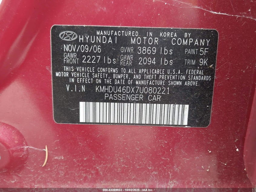 KMHDU46DX7U080221 2007 HYUNDAI ELANTRA photo no. 9