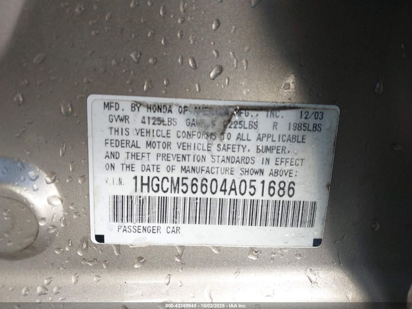 2004 Honda Accord 2.4 Ex VIN: 1HGCM56604A051686 Lot: 43369949