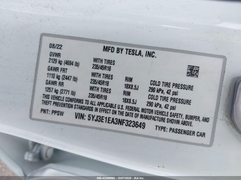 2022 Tesla Model 3 Rear-Wheel Drive VIN: 5YJ3E1EA3NF323649 Lot: 43369968
