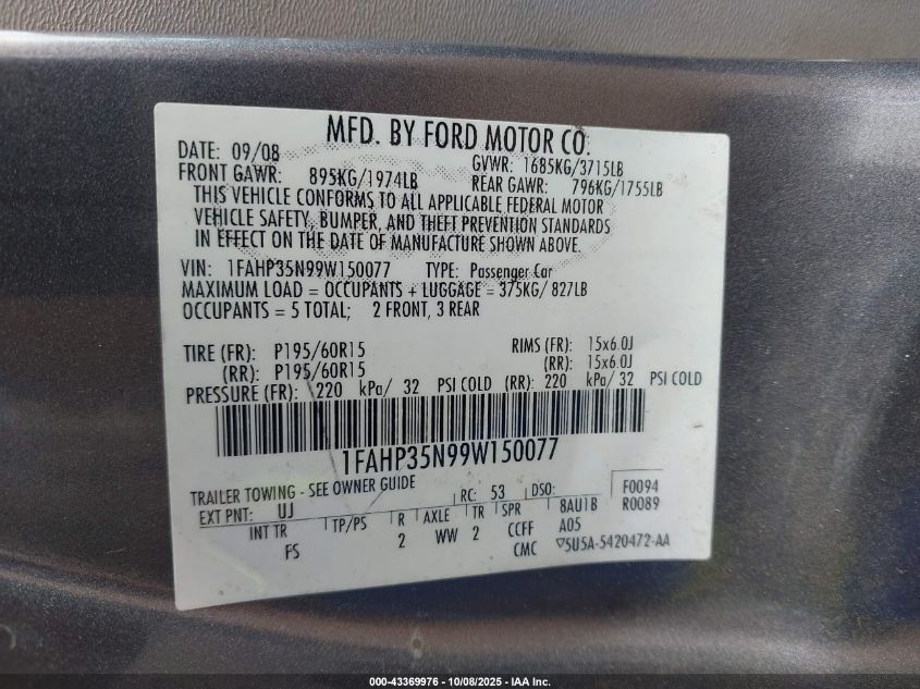 2009 Ford Focus Se VIN: 1FAHP35N99W150077 Lot: 43369976