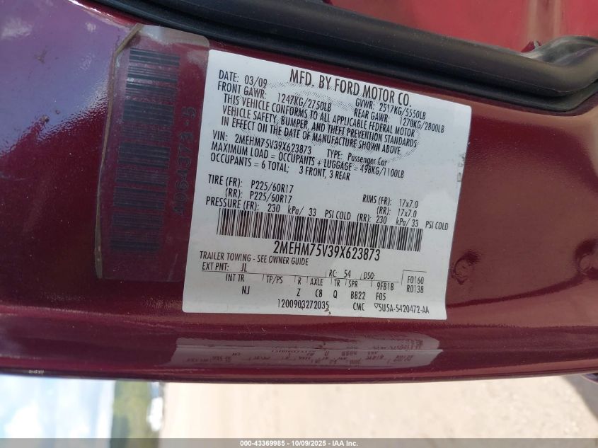 2009 Mercury Grand Marquis Ls (Fleet Only) VIN: 2MEHM75V39X623873 Lot: 43369985