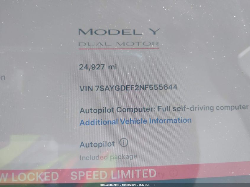 2022 Tesla Model Y Performance Dual Motor All-Wheel Drive VIN: 7SAYGDEF2NF555644 Lot: 43369996