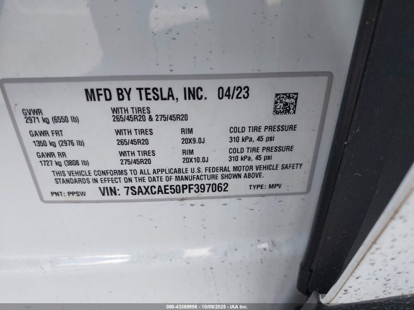2023 Tesla Model X Dual Motor All-Wheel Drive/Standard Range VIN: 7SAXCAE50PF397062 Lot: 43369998