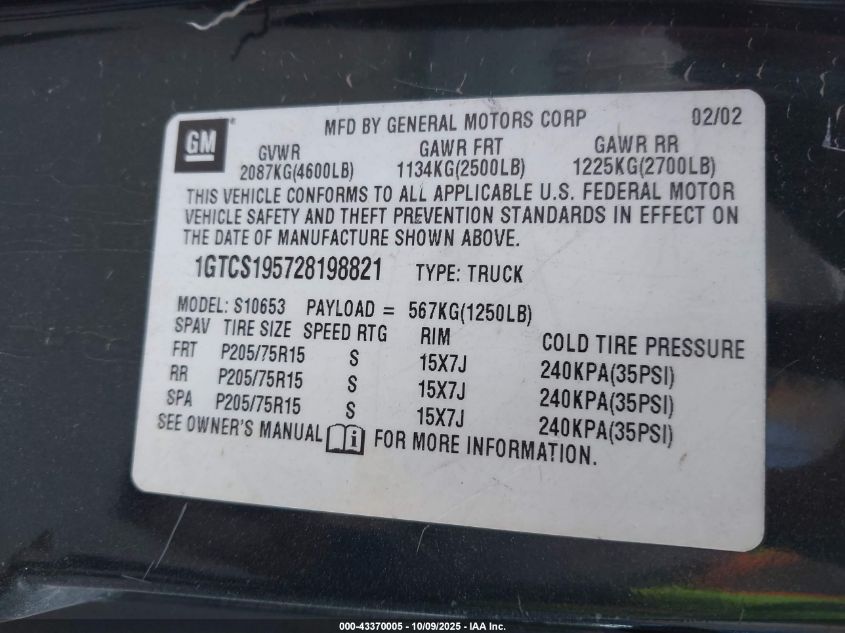 2002 GMC Sonoma Sl VIN: 1GTCS195728198821 Lot: 43370005