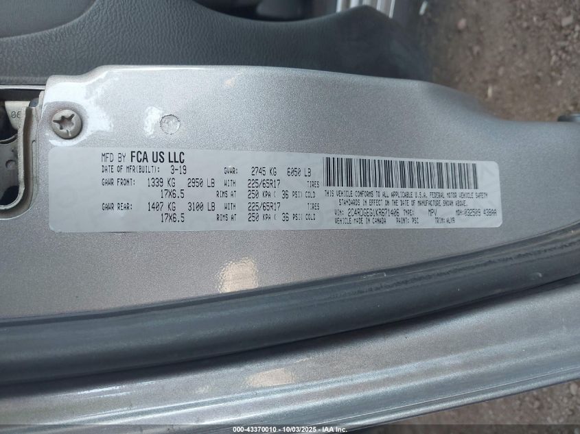 2019 Dodge Grand Caravan Gt VIN: 2C4RDGEG1KR671406 Lot: 43370010