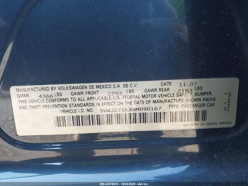 2008 Volkswagen Jetta S VIN: 3VWJZ71KX8M090167 Lot: 43370015
