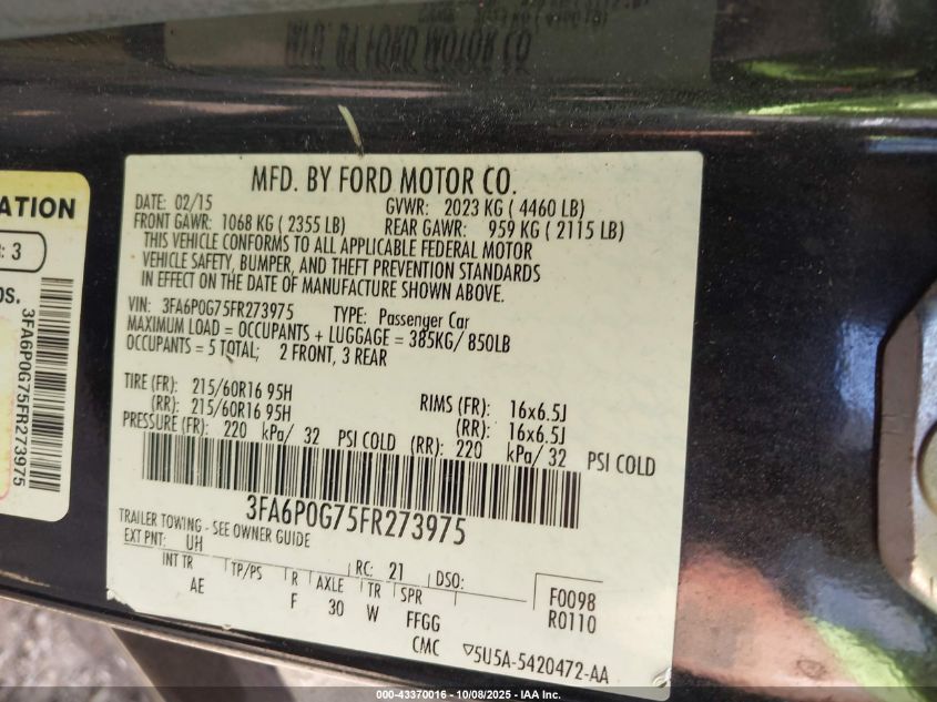 2015 Ford Fusion S VIN: 3FA6P0G75FR273975 Lot: 43370016