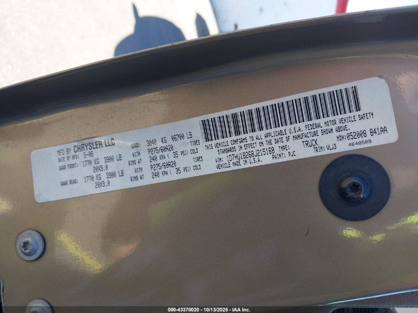 2008 Dodge Ram 1500 Laramie VIN: 1D7HU18268J215168 Lot: 43370020