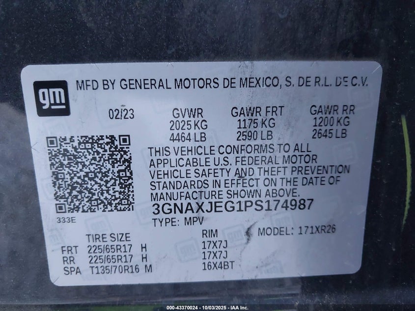 2023 Chevrolet Equinox Fwd 2Fl VIN: 3GNAXJEG1PS174987 Lot: 43370024