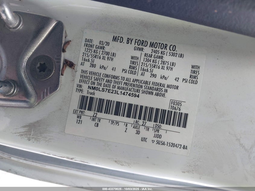 2020 FORD TRANSIT CONNECT XL - NM0LS7E23L1474594