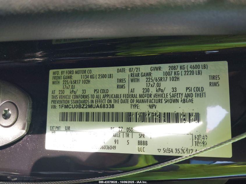 2021 Ford Escape Se Hybrid VIN: 1FMCU0BZ2MUA68338 Lot: 43370028