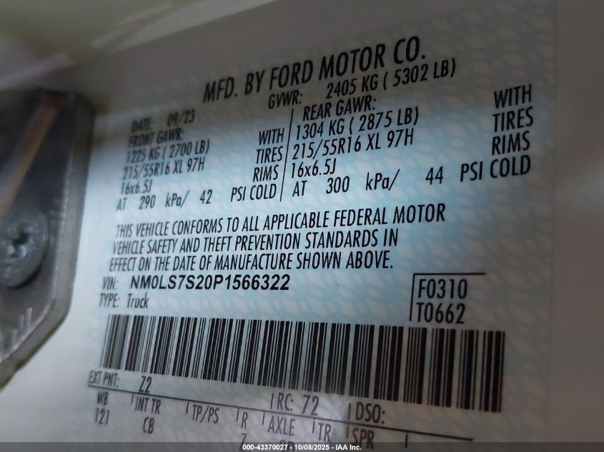 2023 Ford Transit Connect Xl VIN: NM0LS7S20P1566322 Lot: 43370027