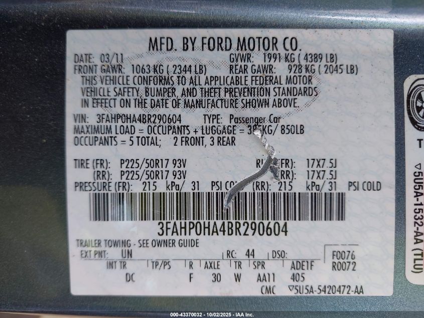 2011 Ford Fusion Se VIN: 3FAHP0HA4BR290604 Lot: 43370032