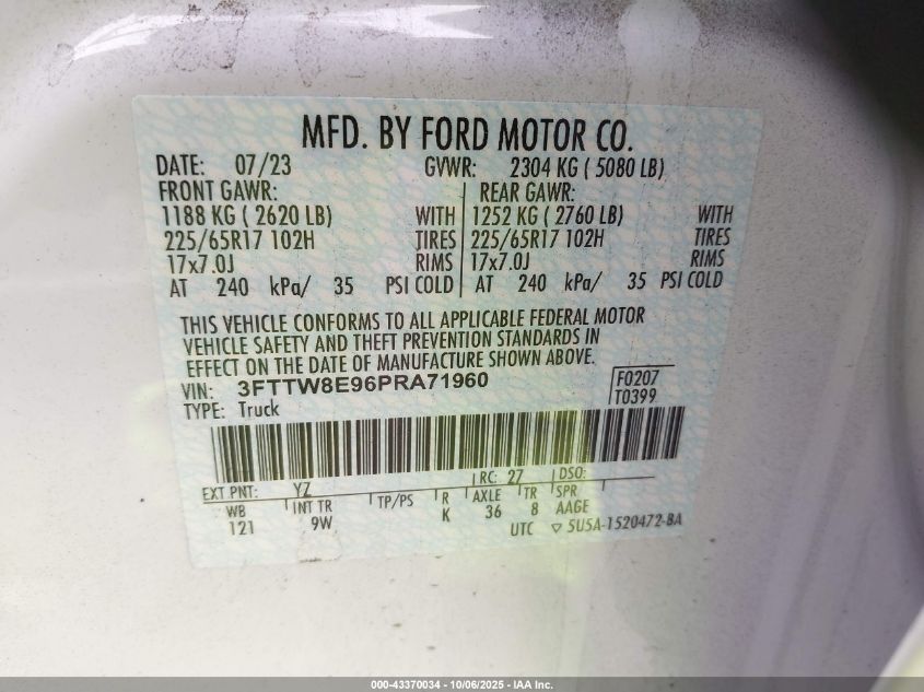 2023 Ford Maverick Xl VIN: 3FTTW8E96PRA71960 Lot: 43370034