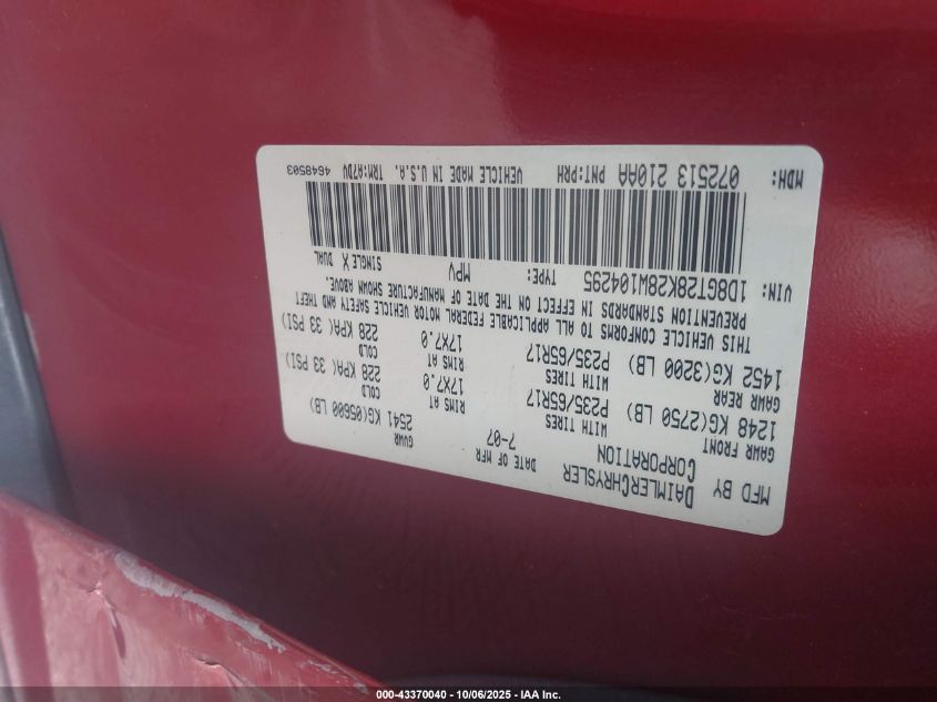 2008 Dodge Nitro Sxt VIN: 1D8GT28K28W104295 Lot: 43370040