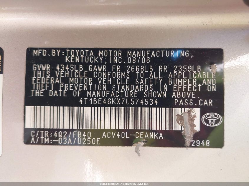 2007 Toyota Camry Le VIN: 4T1BE46KX7U574534 Lot: 43370059