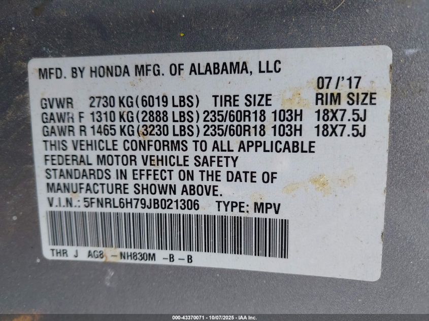 2018 Honda Odyssey Ex-L VIN: 5FNRL6H79JB021306 Lot: 43370071