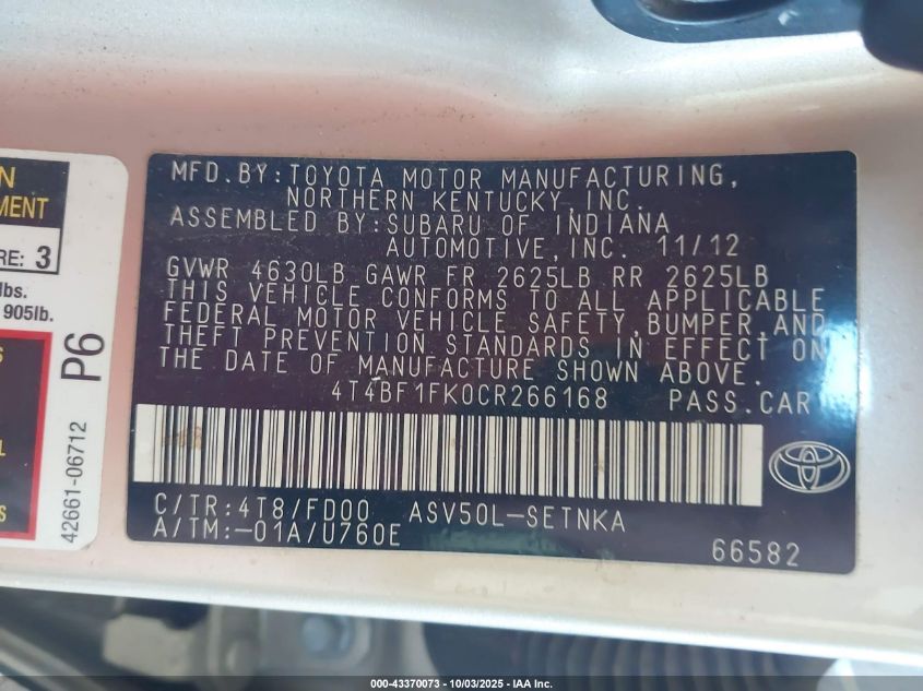 2012 Toyota Camry Le VIN: 4T4BF1FK0CR266168 Lot: 43370073