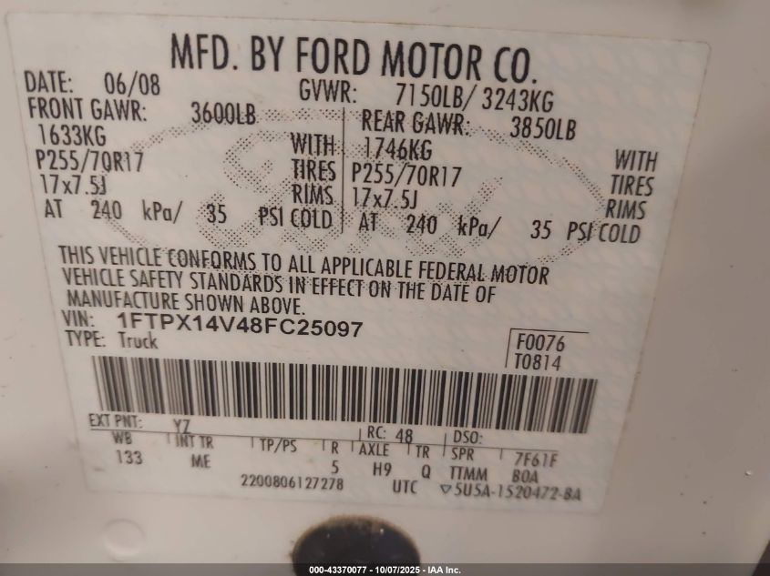2008 Ford F-150 Xlt VIN: 1FTPX14V48FC25097 Lot: 43370077