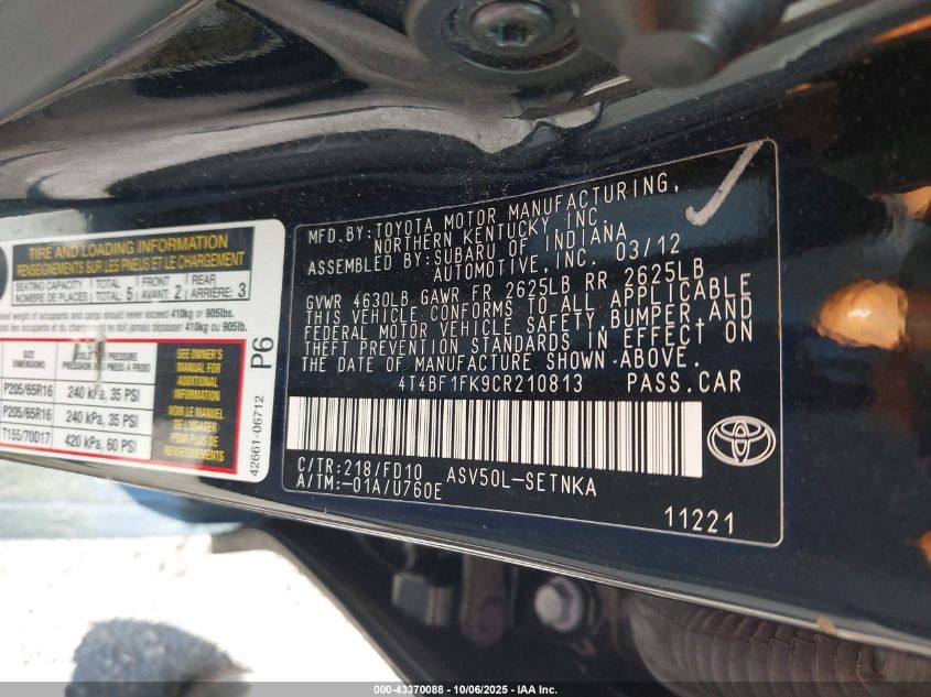 2012 Toyota Camry Le VIN: 4T4BF1FK9CR210813 Lot: 43370088