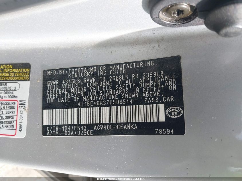 2007 Toyota Camry Le VIN: 4T1BE46K37U506544 Lot: 43370093