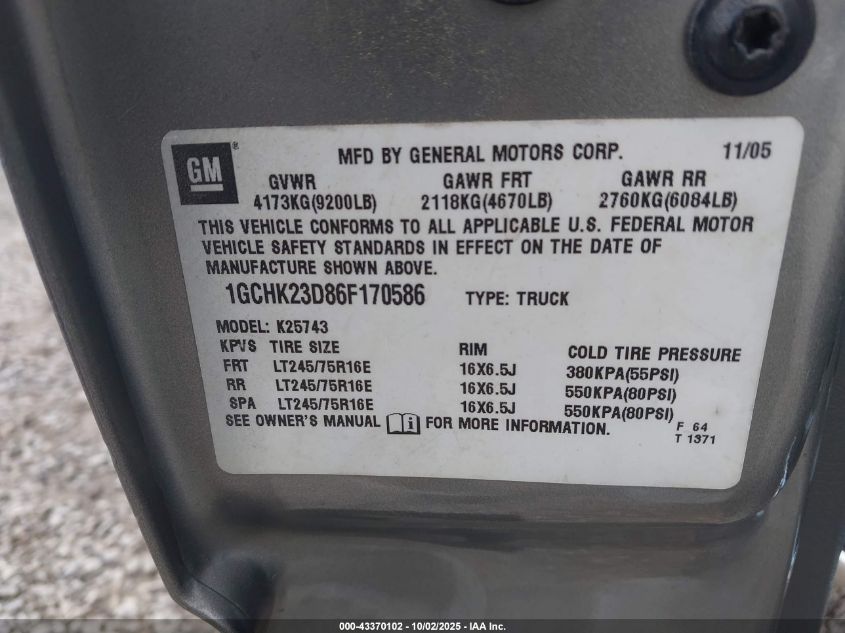 2006 Chevrolet Silverado 2500Hd Lt1 VIN: 1GCHK23D86F170586 Lot: 43370102