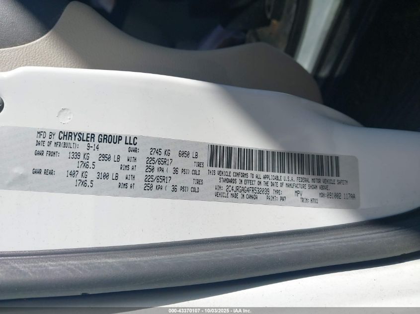 2015 Ram Cargo Tradesman VIN: 2C4JRGAG4FR532039 Lot: 43370107