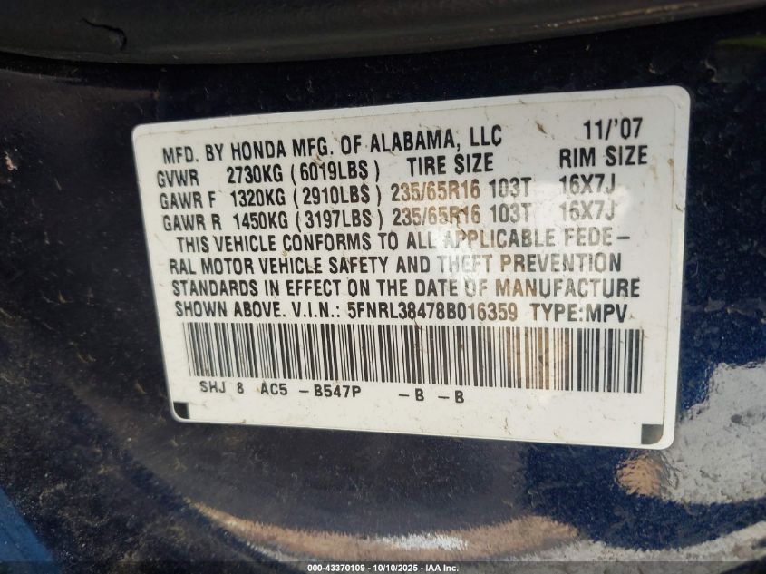 2008 Honda Odyssey Ex VIN: 5FNRL38478B016359 Lot: 43370109