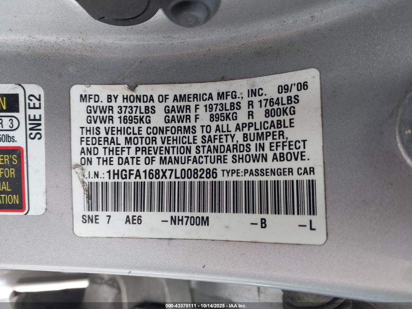 2007 Honda Civic Ex VIN: 1HGFA168X7L008286 Lot: 43370111