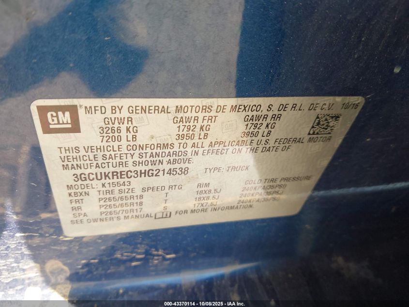 2017 Chevrolet Silverado 1500 1Lt VIN: 3GCUKREC3HG214538 Lot: 43370114