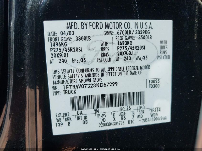 2003 Ford F-150 Lariat VIN: 1FTRW07323KD67299 Lot: 43370117