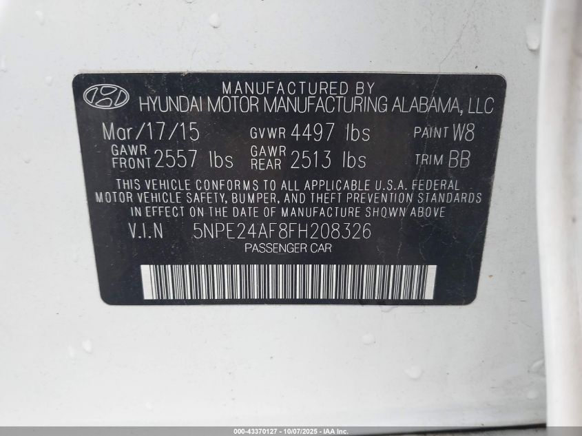 2015 Hyundai Sonata Se VIN: 5NPE24AF8FH208326 Lot: 43370127
